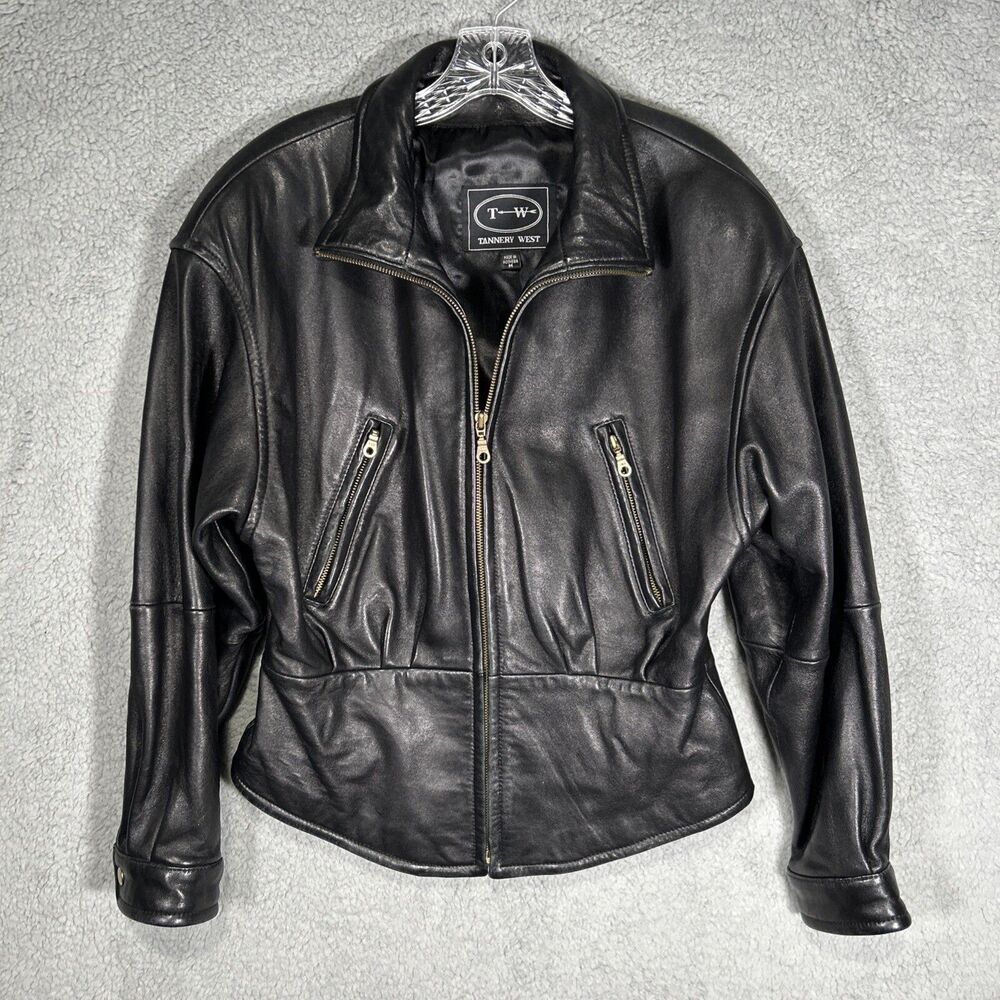 Vintage Tannery West Black Leather Biker Jacket Women's Size Medium